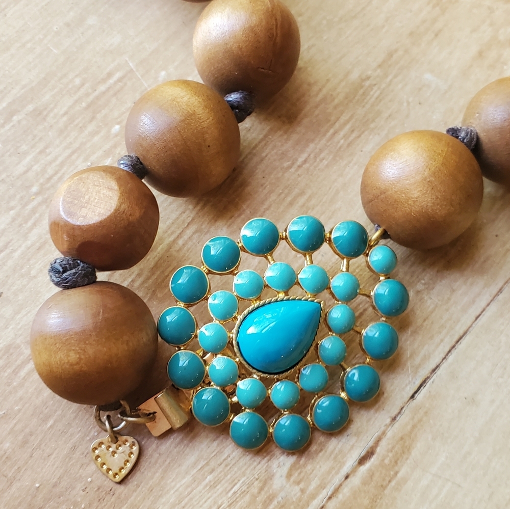 Stella and Dot Turquoise and Wood Beaded Necklace Native Tribal Style